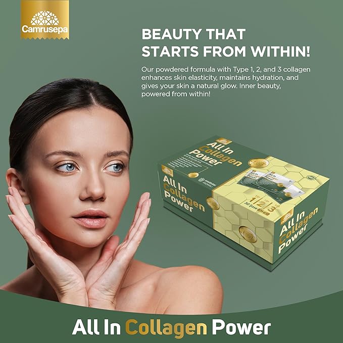 All in Collagen Power – Multi-Type Collagen Powder with Glucosamine &amp Hyaluronic Acid – Supports Joint Mobility Skin Elasticity – Raspberry Flavor – 30 Sachets