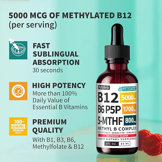 (2-Pack) Methylated B Complex Liquid Drops with Active L-Methylfolate - B12 Sublingual Drops Vitamin B Complex - Vegan B 12 Vitamin 5000mcg Non-GMO Raspberry Flavor No Sugar 2 Fl oz 80 Servings