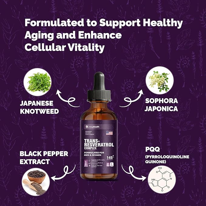Trans-Resveratrol with PQQ Quercetin &amp Black Pepper Tincture | 3rd Party Tested | Cellular Energy &amp Heart Health Support | Sourced from Japanese Knotweed - 2 oz (60 Servings)