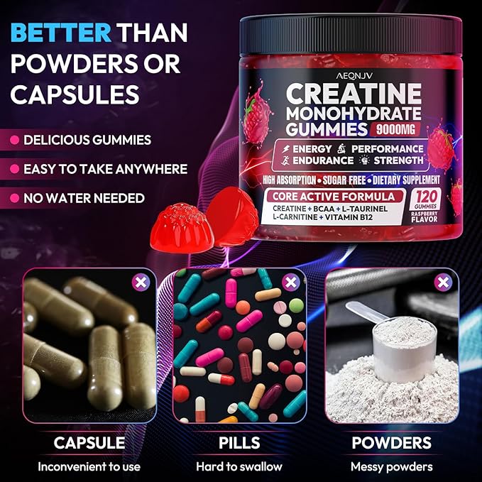 Cytona Creatine Gummies Monohydrate Complex 9000MG Pre-Workout for Men &amp Women Creatine Gummy with L-Taurine BCAA 2:1 B12/6 for Muscle Support Enhance Strength Energy Boost-120 Count