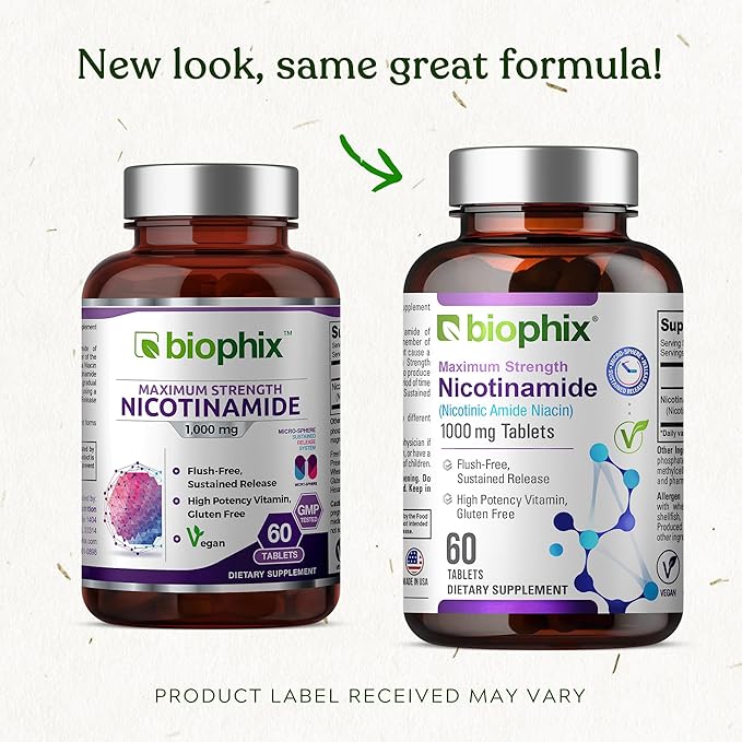 biophix B-3 Nicotinamide 1000 mg 60 Tablets Extra Strength Timed Release - Nicotinic Amide Niacin Natural Flush-Free Vitamin Formula - Supports Skin Cell Health