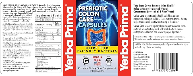 Yerba Prima Prebiotic Colon Care Capsules - 180 Count (Pack of 2) Gluten Free Proudly Made in The USA Non-GMO Soluble &amp Insoluble Fiber Supports A Healthy Functioning Colon
