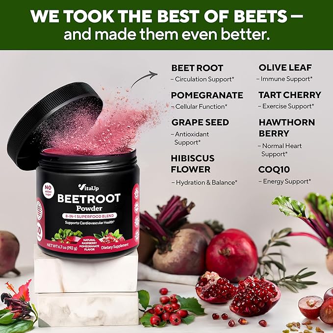 Beet Root Powder 8 in 1 – USA Made Beets Powder Supplements with Grape Seed Hawthorn Coq10 – with Organic Beetroot for Energy &amp Circulation Support – Non-GMO Mixed Berry Flavor 30 Serving