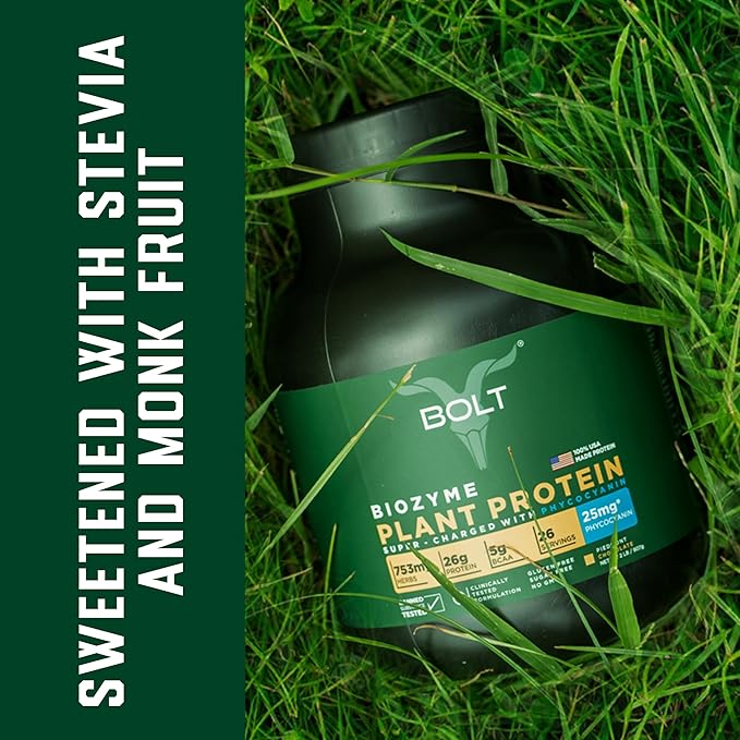 Bolt Biozyme Plant Protein | Vegan Protein with Superfood Phycocyanin and Ayurvedic Herbs | Complete Amino Acid Profile for Muscle Support and Recovery | 2Lb/32oz 26 Servings | Piedmont Chocolate