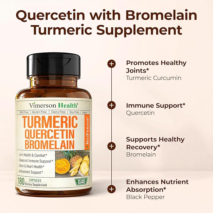 Quercetin with Bromelain Turmeric Curcumin Supplement – Allergy Relief Immune &amp Joint Support – Organic Turmeric Supplement w/Bioperine for Enhanced Absorption 180 Quercetin 500mg Capsules