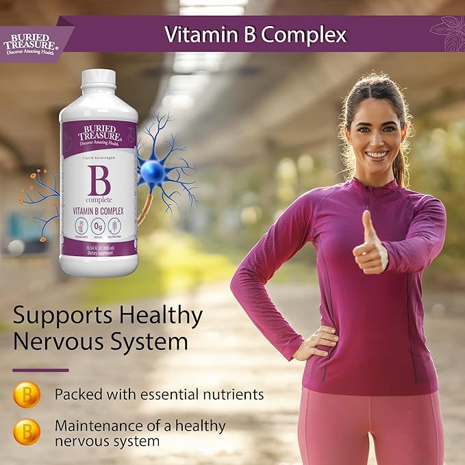 Buried Treasure B Complete - Liquid Vitamin B Complex with MethylCobalamin B12 &amp MethylFolate B9 Biotin B1 B2B3 B5 B6 Liquid &amp Sugar-Free Women &amp Men Dose Cup for Measuring