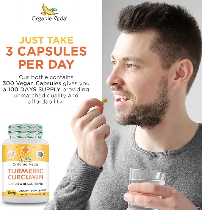 Organic Veda Turmeric and Ginger Capsules 300 Pills - Organic Turmeric Curcumin with Black Pepper for Joint Support - Non GMO Gluten Free Turmeric and Ginger Supplement (95% curcuminoids)