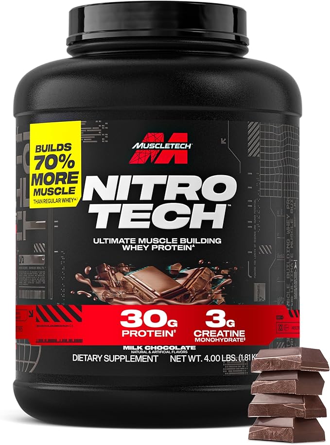 Muscletech Whey Protein Powder (Milk Chocolate 4 Pound) - Nitro-Tech Ultimate Muscle Building Formula with Whey Protein Isolate - 30g of Protein 3g of Creatine &amp 6.8g of BCAA - Packaging May Var