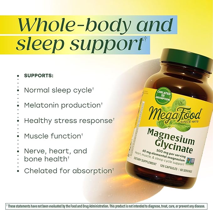 MegaFood Magnesium Glycinate 500mg - Chelated Magnesium Supplement - 60mg Elemental Magnesium - Gentle on the Stomach - Supports Normal Sleep Cycle &amp Healthy Stress Response - 120 Capsules 60 Serv