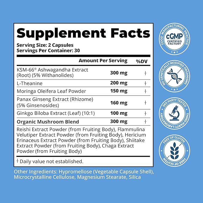 KSM-66 Ashwagandha Supplements | Ashwagandha Root Extract for Women &amp Men | 10-in-1 Adaptogen Complex for Cortisol Manager Stress Energy &amp Immune Support | 60 Vegan Capsules