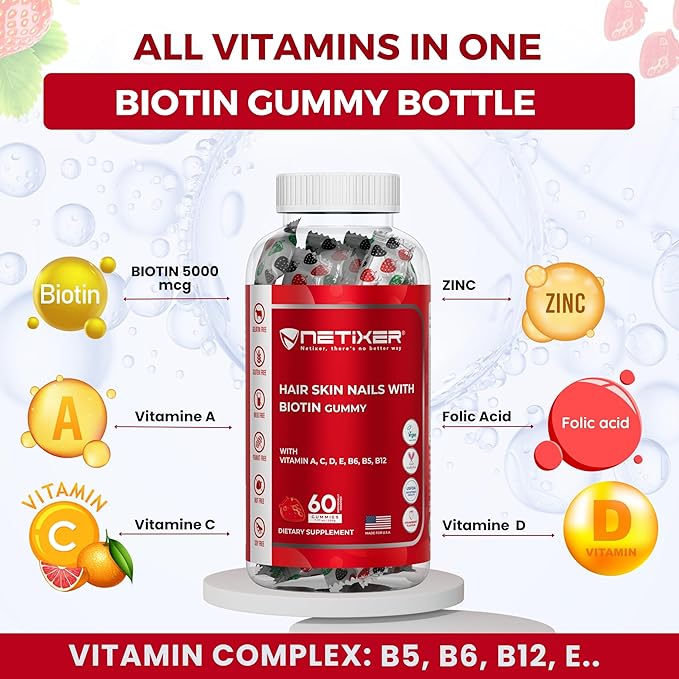 Biotin Gummies 5000 mcg | Multivitamin Gummies | Vitamins A C D E B6 B12 with Zinc | Strawberry Flavor | Vegan | Individually Wrapped | 60 Count