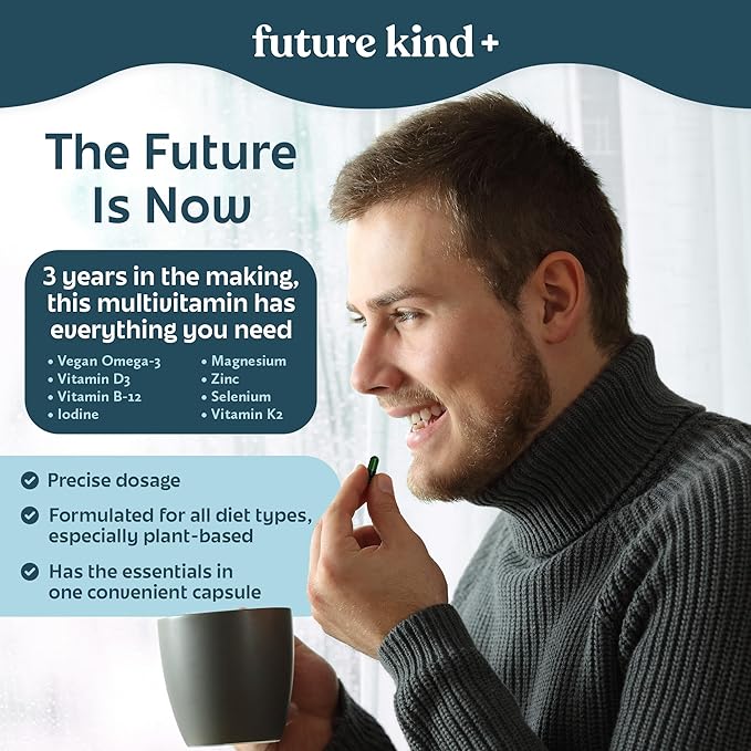 Future Kind Carrageenan-Free Foundations Multivitamin for Women &amp Men with Omega-3 B12 D3 Zinc Iodine Magnesium K2 &amp Selenium Vegan Compostable Bag (60ct)