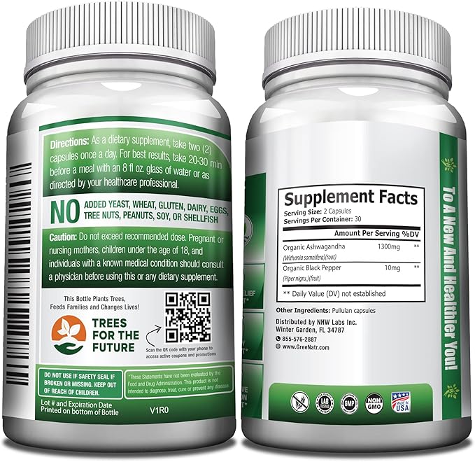 GreeNatr Organic Ashwagandha Capsules with Black Pepper for Enhanced Absorption - Mood Enhancer with Energy and Cognitive Function Support - 1300 mg Veggie Capsules (3 Bottles)
