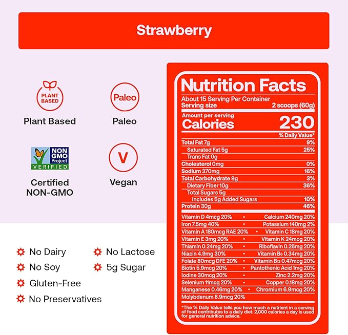 Happy Viking Plant-Based Protein Powder +100 Superfoods Strawberry Meal Replacement Shake Created by Venus Williams 30g Plant Protein 10g Fiber Vegan Gluten-Free Non-GMO15 Meals