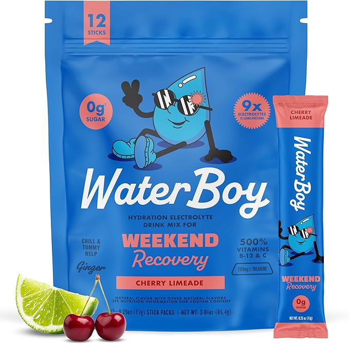 Waterboy Weekend Recovery | 3200mg Electrolyte Powder Packets | Ginger + L-Theanine + Vitamins | No Sugar All Natural Gluten Free | Cherry Limeade