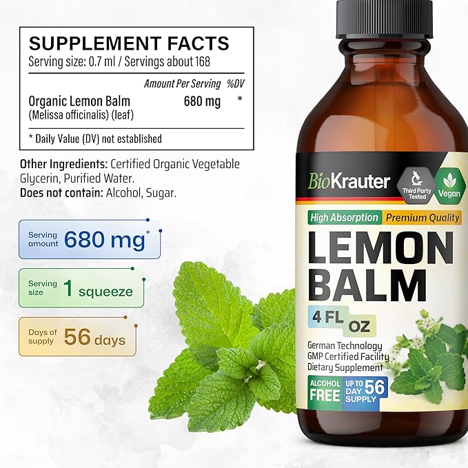 BIO KRAUTER Lemon Balm Tincture 4 Fl. Oz. &amp Olive Leaf Tincture 4 Fl. Oz.