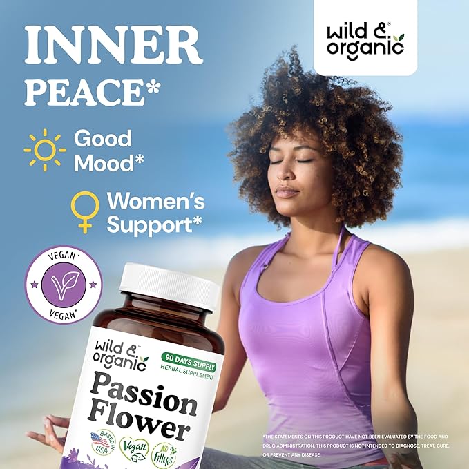 Wild &amp Organic Passion Flower Capsules 600 mg - Calming &amp Mood Support - Passionflower Extract Supplement - Passiflora Incarnata Herb - Vegan No Fillers Non-GMO - 90 Count