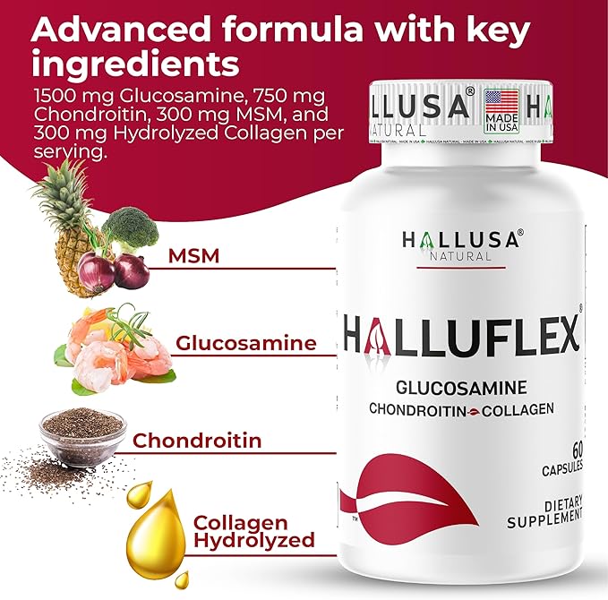 Hallusa Natural Halluflex Joint Support Supplement for Women &amp Men Glucosamine Chondroitin 2850mg 300 Capsules Plus Hydrolyzed Collagen Mobility Flexibility &amp Joint Health