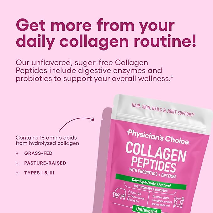 Physician's CHOICE - Full Gut Health Bundle: Collagen Peptides Powder + Digestive Enzymes 60ct for Digestive Comfort Workout Recovery &amp Skin Nails and Joint Support