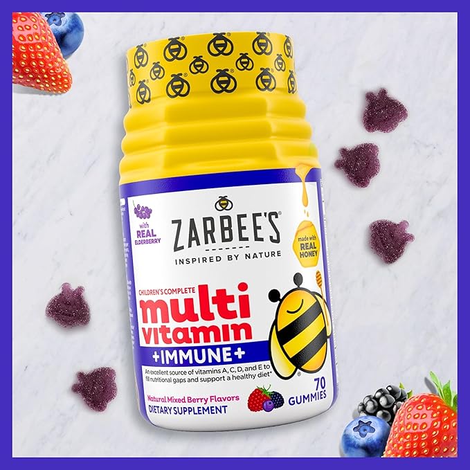 Zarbee’s Complete Kids Multivitamin Gummies + Immune Support Berry Flavor Honey-Sweetened Gluten-Free &amp Gelatin-Free Vitamins A C D3 E B6 B12 Folic Acid &amp B-Complex 70 Count