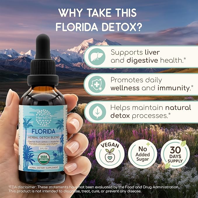 HerbEra Florida Herbal Detox Blend - USDA Organic Extract Made in USA | Immune &amp Liver Support Liquid Drops | Dandelion Root Milk Thistle Rhodiola Sarsaparilla Schisandra | 2 fl oz