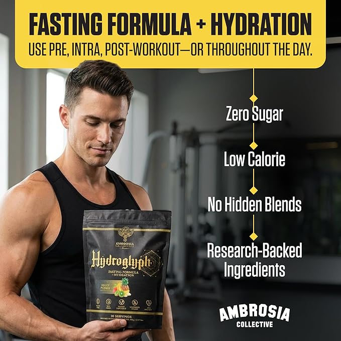 Ambrosia Hydroglyph Intraworkout Electrolytes Hydration Drink Mix | Sugar Free Electrolyte Powder with Amino Acids | Supports Lean Muscle During Fasting | 30 Servings | Strawberry Watermelon