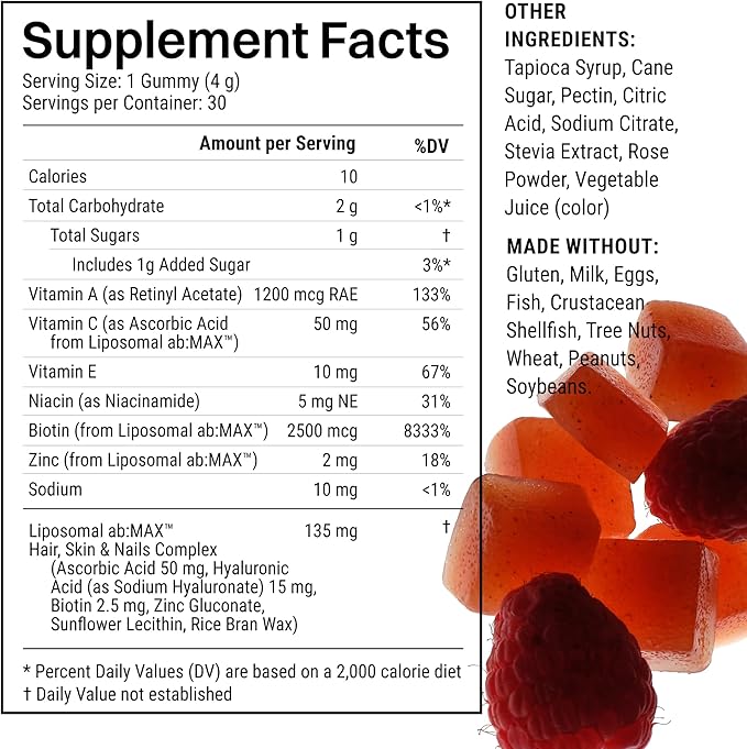 Liposomal Hair Skin &amp Nails Gummies 2500 mcg Liposomal Biotin 1200 mcg Vitamin A 2 mg Vitamin E Healthy Hair Nail Strengthener Skin Support - 30 Servings Raspberry Rose Flavor