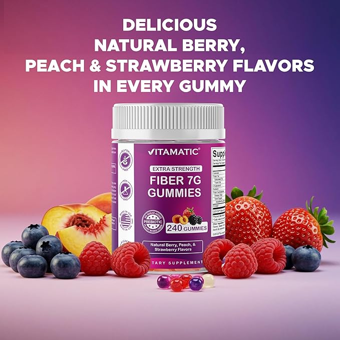 Vitamatic Prebiotic Fiber Gummies for Adults 7G Extra Strength Zero Sugar Added 240 Pectin Based Gummies Digestive Health &amp Regularity Support (Pack of 2)