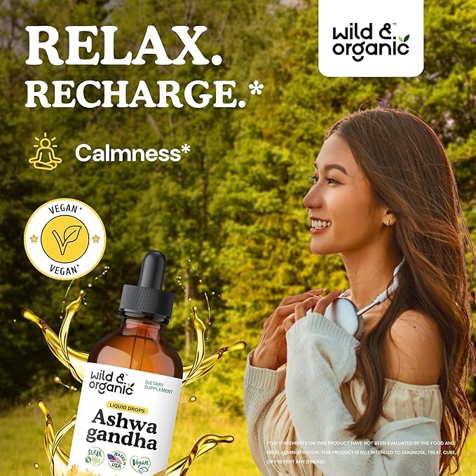 Wild &amp Organic Ashwagandha Drops - Mood Support &amp Positive Energy - 500 mg Ashwagandha for Women &amp Men - Add to Tea Liquid Extract for Relaxation - Non-GMO Sugar &amp Alcohol-Free Tinctu