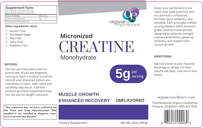 Organic Excellence Creatine Monohydrate – Micronized Creatine Powder for Muscle Growth Strength &amp Recovery – Unflavored 115 Servings