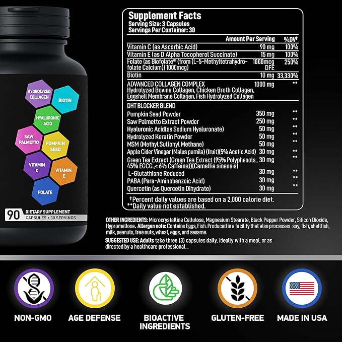 Age Defense Beauty Collagen Matrix - 2000mg Multi Collagen Biotin Keratin Hyaluronic Acid Saw Palmetto Vitamin C Supplement Complex - DHT Blocker for Men &amp Women for Hair Growth - 90 Gluten-Free