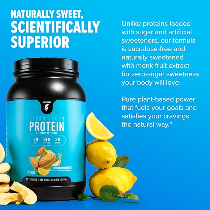 InnoSupps Clean Vegan Protein - Plant Based Vegan Natural No Artificial Sweeteners No Gluten No Dairy. Lactose Free Low Carbs Low Fat No Sugar Added Soy Free Non-GMO (Lemon Sugar Cookie)