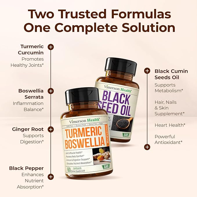 Boswellia Turmeric Curcumin Supplement + Black Seed Oil Bundle – Joint Health Immune Support Antioxidants Digestion – with Ginger Root Organic Turmeric Powder Cold Pressed Black Seed Oil Capsules