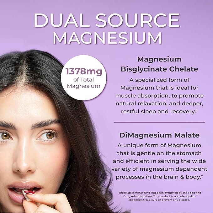 One Sol Magnesium 1378 mg Dual Source Magnesium Bisglycinate for Sleep Relaxation and Full Body Recovery High Absorption Vegan Non-GMO Gluten &amp Soy-Free Made in USA 60 Capsules