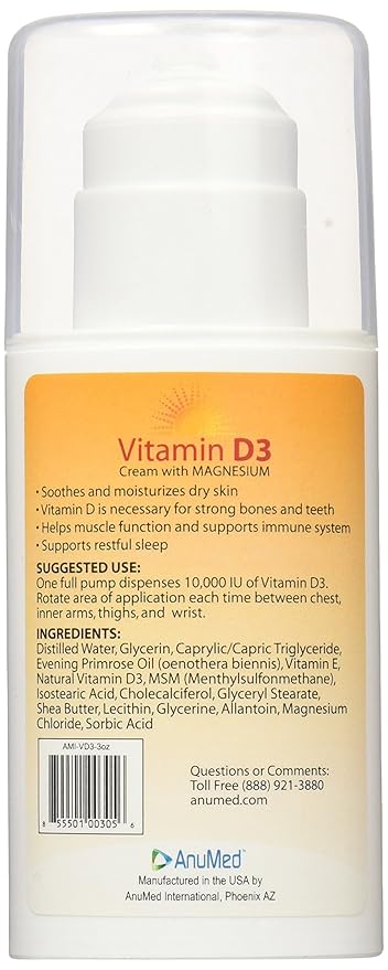 ANUMED - Vitamin D3 10000 IU Cream with Magnesium + Hyaluronic Acid + Vitamin E for Beautiful and Healthy Skin Care. Promotes Stronger Bones Muscles Joints Heart Immune System Non-Greasy (3oz)