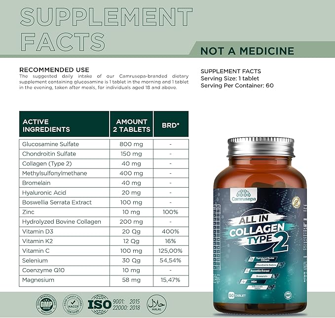 All in Collagen Type 2 Complex - Advanced Joint Support with Glucosamine Vitamin D3 K2 C &amp Minerals for Joint Mobility Bone Strength - 60 Tablets