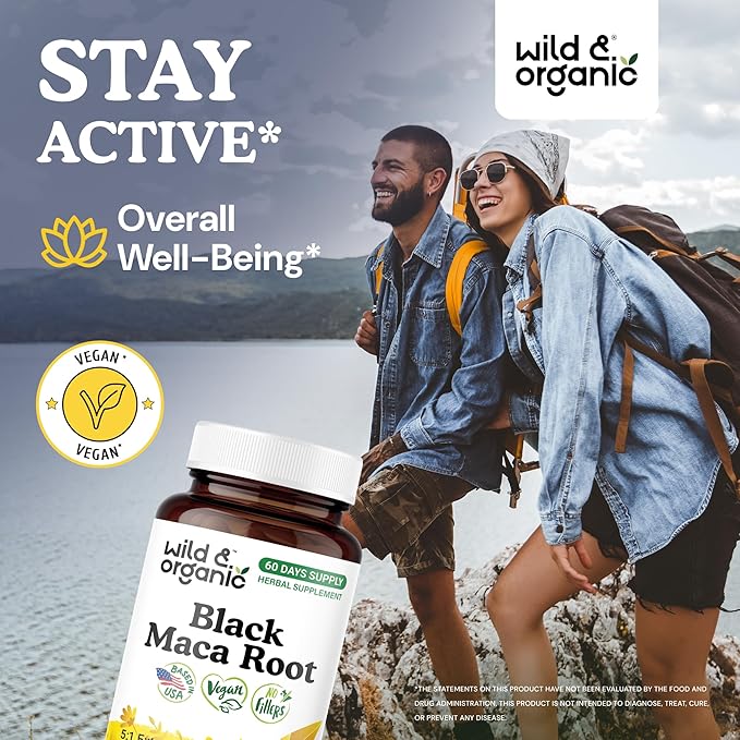 Wild &amp Organic Black Maca Root Capsules for Women &amp Men 500 mg - Maca Root Extract for Overall Support - 60 Vegan Capsules - Men &amp Women Supplement - 60 Days Supply - Non-GMO No Fillers