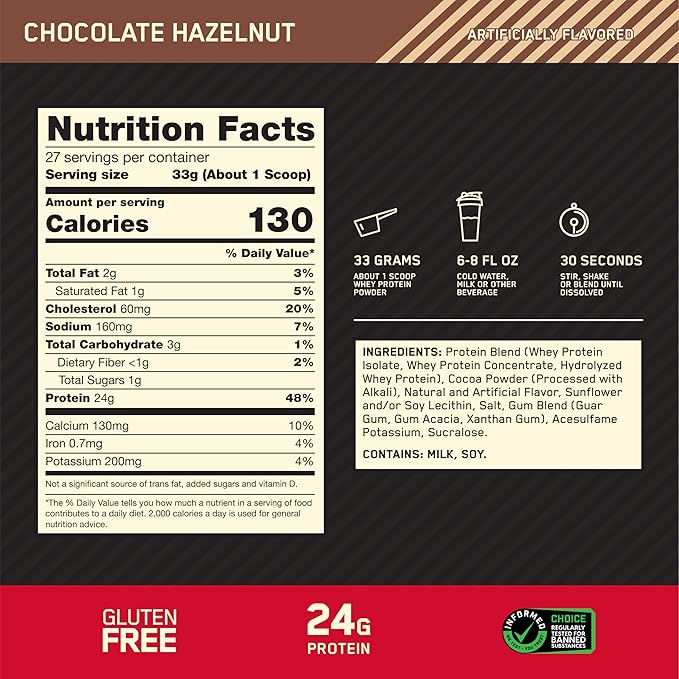 Optimum Nutrition Gold Standard 100% Whey Protein Powder Chocolate Hazelnut 2 Pound (Packaging May Vary)