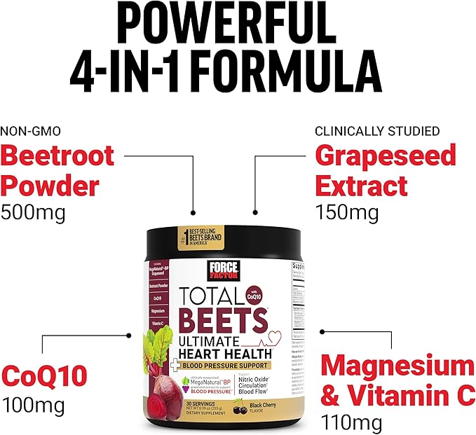 Force Factor Total Beets Ultimate Heart Health Blood Pressure Support with CoQ10 Beet Root Powder Grape Seed Extract Blood Pressure Supplement for Circulation Black Cherry 30 Servings