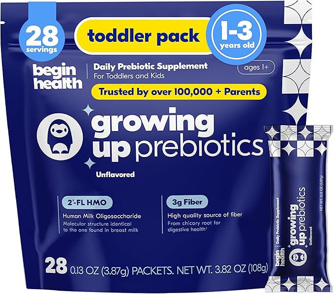 Begin Health Growing Up Prebiotics for Kids 28-Packs | Prebiotic Soluble Powder Stool Softeners and Digestive Gut Health Supplement | Ideal to Mix with Kids Daily Beverages and Soft Foods - Unflavored