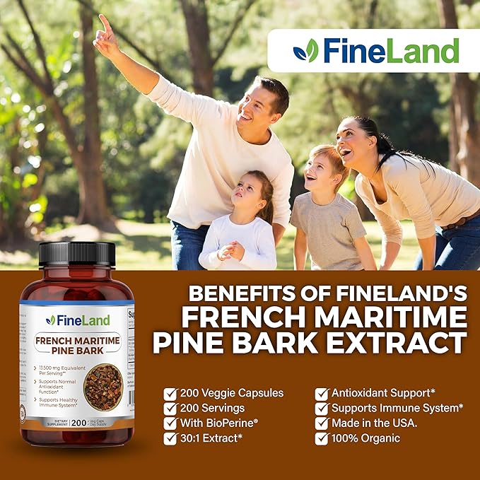 FineLand French Maritime Pine Bark 30:1 Extract Max Strength 450 mg Per Capsule Antioxidant 200 Veggie Caps of Pine Bark Supplement for 200 Days 100% Natural