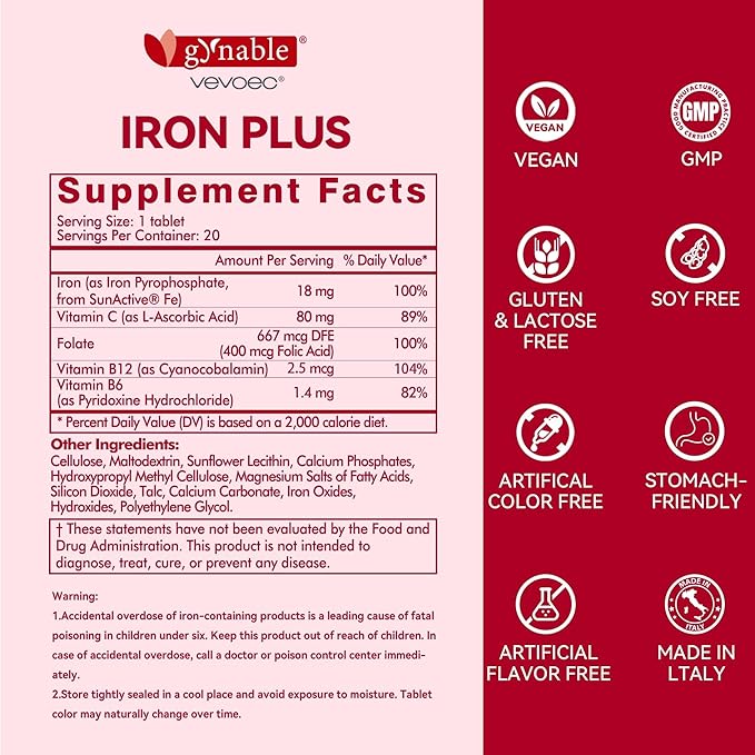 Gentle Iron Supplement for Women Anemia: Slow Release Iron Pills Clinically Shown to Support Iron for Prenatal Pregnant Patented SunActive Tech with Folic Acid B12 Vitamin C &amp B6 18 mg 20 Tab