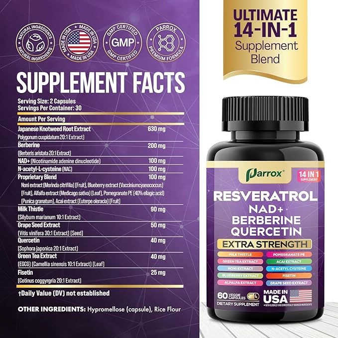 Resveratrol Supplement with Milk Thistle NAD Berberine Quercetin Fisetin Pomegranate Green Tea Noni Acai Blueberry Grape Seed Extracts N-Acetyl Cysteine 14-in-1 Extra Strength (60 Caps)