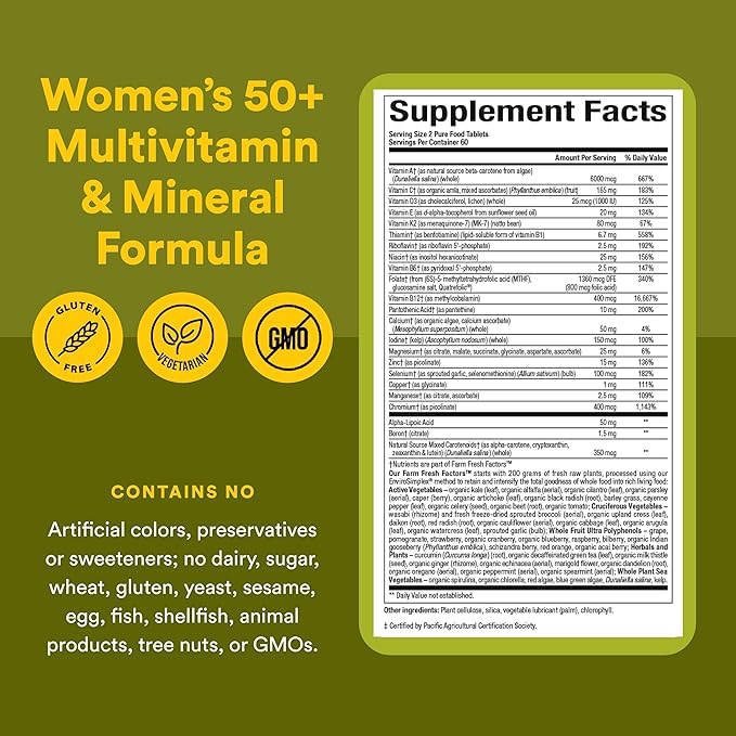 Natural Factors Whole Earth &amp Sea Women's 50+ Multivitamin &amp Mineral - Daily Multivitamin with Calcium Selenium &amp More - Supports Bone &amp Brain Health - 120 Tablets (60 Servings)