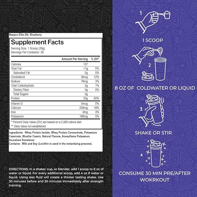 Max Muscle Maxpro Elite Whey Protein Powder | 30g Protein | 0g Sugar | 6.6g BCAAs | Micellar Casein Cold Filtered Whey Isolate Protein | Promotes Muscle Growth &amp Recovery (Blueberry 2lb)