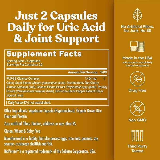 Eu Natural Purge Uric Acid Flush - Eat &amp Drink What You Want - Uric Acid Support for Joints &amp Mobility with Celery Seed Tart Cherry &amp Chanca Piedra - 120 Vegetarian Capsules
