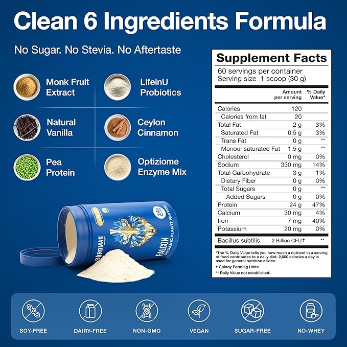 BIRDMAN Falcon Vegan Protein Powder Organic Stevia &amp Sugar Free Plant Based Protein Low Carb Dairy Free Keto Non Whey Protein Probiotic Pea Protein | Chocolate Flavor - 60 Servings - 3.9lb