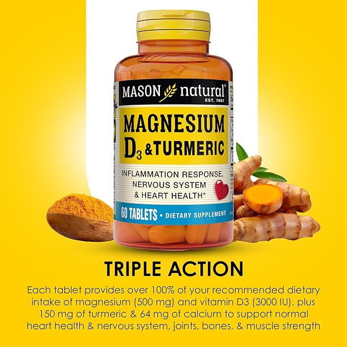 MASON NATURAL Magnesium &amp Vitamin D3 with Turmeric 180Day Supply Dietary Supplement for Daily Wellness Support 60 Tablets (Pack of 3)