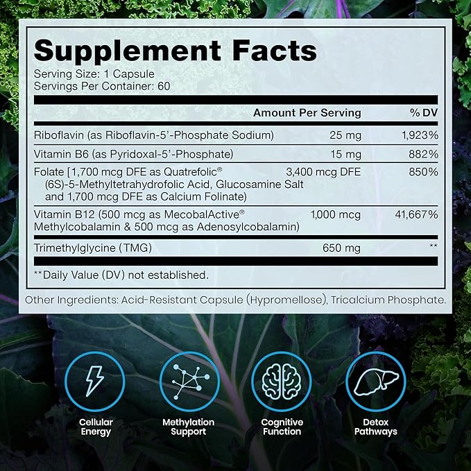 Methyl B Complete - 60 Vegetable Capsules | Optimal Methylation Support Supplement with Quatrefolic 5-MTHF (Active folate) Methylcobalamin (Active B12) B2 B6 and TMG | Pharmaceutical Grade