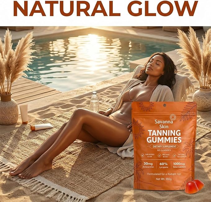 Savanna Skin Tanning Gummies with Vitamin C &amp E Astaxanthin Beta Carotene Skin Radiance &amp Hydration for Natural Looking Glow Bronzing Non-GMO Vegan &amp Sugar Free - 60 Count (3)